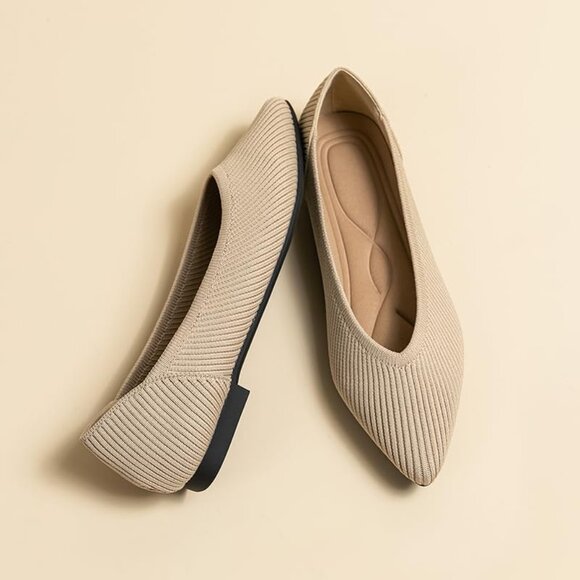 Women's Pointed Toe Knit Ballet Fashionable and Comfortable Dressy Flat Cream - Picture 3 of 6